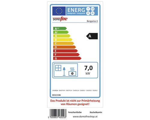Étiquette énergétique pour poêle Domofire Bergamo II, classe d''efficacité énergétique A, 7,0 kilowatts