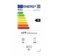 Étiquette énergétique Amica avec classe d''efficacité énergétique D, une consommation d''énergie annuelle de 177 kilowattheures, un volume de congélation de 75 litres, un volume de refroidissement de 195 litres et un niveau sonore de 35 décibels