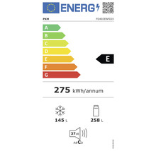 Energielabel PKM FD403ENFDIX mit Energieeffizienzklasse E, Energieverbrauch 275 Kilowattstunden pro Jahr, Gefrierfachvolumen 145 Liter und Kühlfachvolumen 258 Liter, Geräuschemission 37 Dezibel