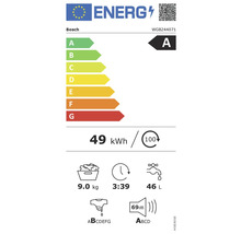 Étiquette énergétique A de Bosch pour lave-linge, 49 kilowattheures pour 100 cycles de lavage, capacité de 9 kilogrammes, durée du programme de 3 heures et 39 minutes, consommation d''eau de 46 litres, émission sonore de 69 décibels