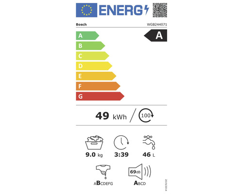 Étiquette énergétique A de Bosch pour lave-linge, 49 kilowattheures pour 100 cycles de lavage, capacité de 9 kilogrammes, durée du programme de 3 heures et 39 minutes, consommation d''eau de 46 litres, émission sonore de 69 décibels