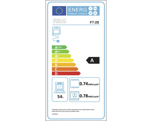 Energielabel für einen PKM Backofen mit der Energieeffizienzklasse A, einem Energieverbrauch von 0,74 kWh pro Zyklus im konventionellen Modus und 0,78 kWh pro Zyklus im Umluftmodus sowie einem Volumen von 54 Litern.