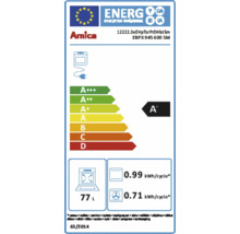 Amica Energieeffizienzlabel mit der Klasse A+, einem Energieverbrauch von 0.99 Kilowattstunden pro Zyklus und einem Volumen von 77 Litern.