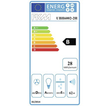 Étiquette énergétique PKM UBH6002-2H avec classe d''efficacité énergétique B, consommation énergétique annuelle de 28 kilowattheures et émission sonore de 62 décibels