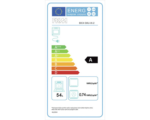 Energielabel für PKM BIC4 GKU-IX-2 Backofen mit einem Energieverbrauch von 0.74 kWh pro Zyklus und einem Fassungsvermögen von 54 Liter, Energieeffizienzklasse A