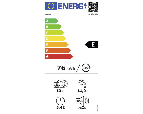 Étiquette énergétique Vernel avec la désignation E, consommation électrique de 76 kWh pour 100 cycles de lavage