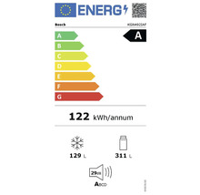 Bosch Energieeffizienzlabel mit der Effizienzklasse A, einem jährlichen Energieverbrauch von 122 Kilowattstunden, einem Gefrierfachvolumen von 129 Litern, einem Kühlfachvolumen von 311 Litern und einer Geräuschemission von 29 Dezibel