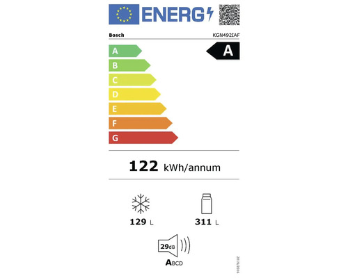 Bosch Energieeffizienzlabel mit der Effizienzklasse A, einem jährlichen Energieverbrauch von 122 Kilowattstunden, einem Gefrierfachvolumen von 129 Litern, einem Kühlfachvolumen von 311 Litern und einer Geräuschemission von 29 Dezibel