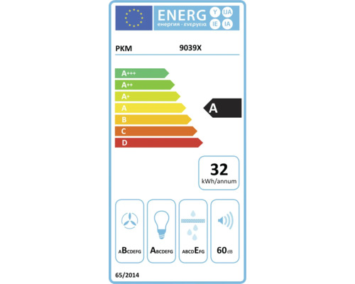Étiquette énergie PKM 9039X avec classe d'efficacité énergétique A, consommation d'énergie annuelle de 32 kWh et niveau sonore de 60 dB