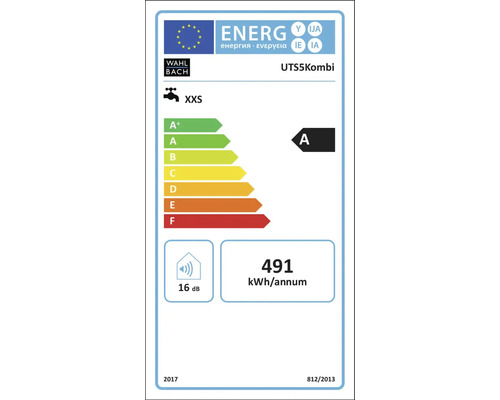 Étiquette énergétique pour robinet avec classe d''efficacité énergétique A, 491 kWh par an et 16 décibels