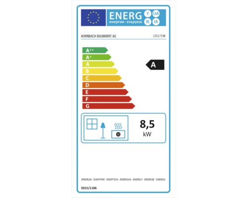 Étiquette énergétique de classe d''efficacité A et consommation de 8,5 kilowatts. Logo Hornbach Baumarkt AG.