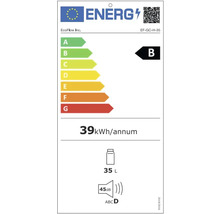 Energielabel mit Energieeffizienzklasse B, 39 Kilowattstunden pro Jahr, 35 Liter Volumen und 45 Dezibel Lautstärke