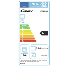Étiquette énergétique Logo Candy avec classe d'efficacité énergétique A, volume de 70 litres et 0,80 kilowattheure par cycle