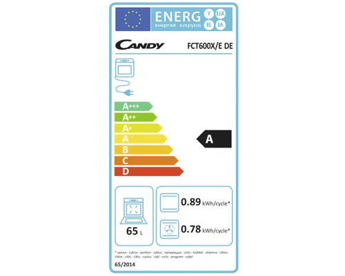 Candy FCT600X/E DE Energieetikett mit der Energieeffizienzklasse A, einem Energieverbrauch von 0,89 Kilowattstunden pro Zyklus im Standardmodus und 65 Liter Volumen