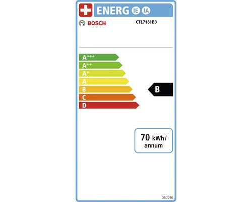 Étiquette énergétique Bosch B avec une consommation d'énergie de 70 kilowattheures par an