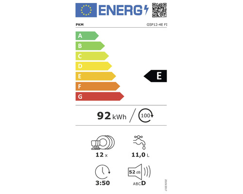 PKM Energielabel GSP12-4E FI mit Energieeffizienzklasse E, Stromverbrauch 92 kWh, 12 Maßgedecke, Wasserverbrauch 11,0 Liter und Geräuschemission 52 Dezibel