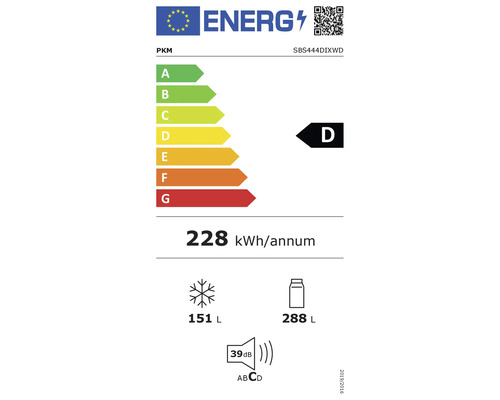 Étiquette énergétique PKM SBS444DIXWD avec classe d'efficacité énergétique D, 228 kilowattheures par an, compartiment de congélation de 151 litres, réfrigérateur de 288 litres et niveau sonore de 39 décibels