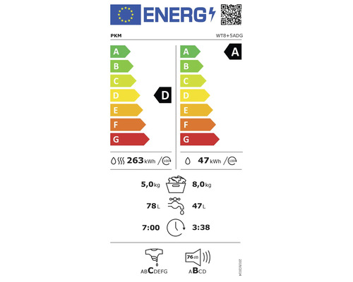 PKM Energielabel WT8+5ADG mit Informationen zu Energieverbrauch, Füllmenge, Wasserverbrauch, Programmdauer und Geräuschentwicklung