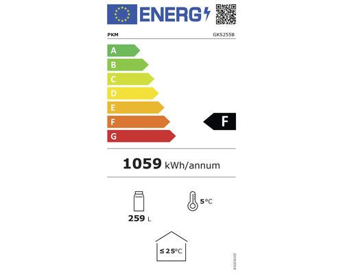PKM Energielabel mit Energieeffizienzklasse F, Jahresenergieverbrauch 1059 kWh, Volumen 259 Liter und maximaler Umgebungstemperatur von 25 Grad