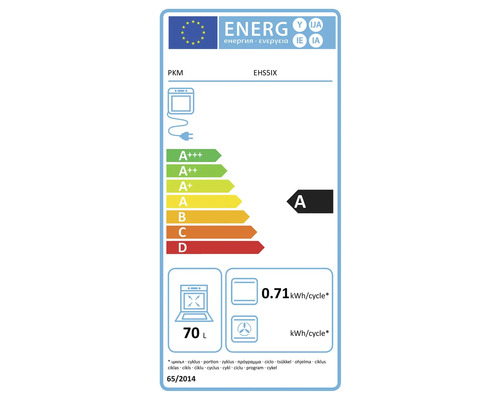 Energielabel für einen PKM EHS5IX Backofen mit der Energieeffizienzklasse A und einem Energieverbrauch von 0,71 Kilowattstunden pro Zyklus