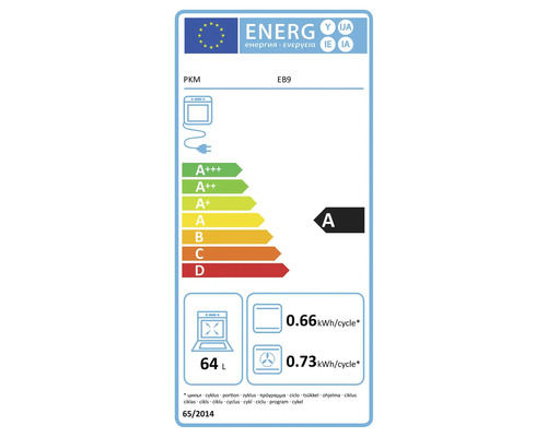 PKM EB9 Energieetikett für Backofen, Energieeffizienzklasse A, Verbrauch 0,66 kWh pro Zyklus im Normalbetrieb, 0,73 kWh pro Zyklus im Umluftbetrieb, 64 Liter Garraumvolumen