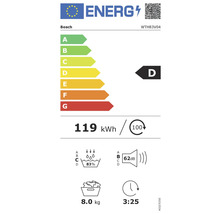 Étiquette énergétique Bosch avec classe d'efficacité énergétique D, consommation d'énergie 119 kWh pour 100 cycles, efficacité de lavage 83 %, niveau sonore 62 décibels, capacité 8 kilogrammes, durée du programme 3 heures 25 minutes