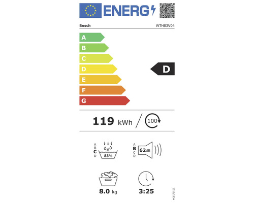 Étiquette énergétique Bosch avec classe d'efficacité énergétique D, consommation d'énergie 119 kWh pour 100 cycles, efficacité de lavage 83 %, niveau sonore 62 décibels, capacité 8 kilogrammes, durée du programme 3 heures 25 minutes