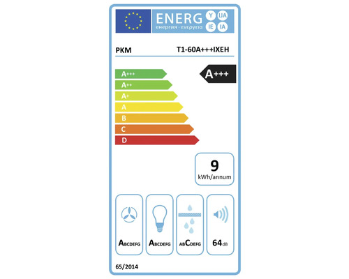 Étiquette énergétique PKM T1-60A+++IXEH avec classe d’efficacité énergétique A+++, consommation énergétique annuelle de 9 kilowattheures et émission sonore de 64 décibels