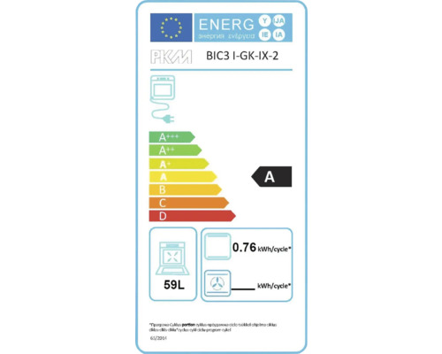 Energielabel für PKM BIC3 I-GK-IX-2 Backofen mit der Energieeffizienzklasse A, einem Stromverbrauch von 0.76 kWh pro Zyklus und einem Volumen von 59 Litern.