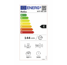 Étiquette énergétique Amica WTP 482 100 avec classe d'efficacité énergétique E, consommation électrique de 144 kilowattheures pour 100 cycles, consommation d'eau de 82 %, émission sonore de 64 décibels, capacité de remplissage de 8,0...