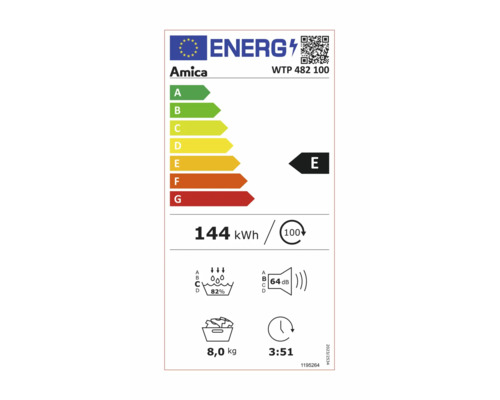 Étiquette énergétique Amica WTP 482 100 avec classe d'efficacité énergétique E, consommation électrique de 144 kilowattheures pour 100 cycles, consommation d'eau de 82 %, émission sonore de 64 décibels, capacité de remplissage de 8,0...