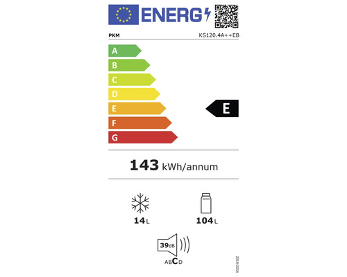 Étiquette énergétique PKM avec classe d'efficacité énergétique E, 143 kilowattheures par an, volume de congélation de 14 litres et volume de réfrigération de 104 litres et niveau sonore de 39 décibels