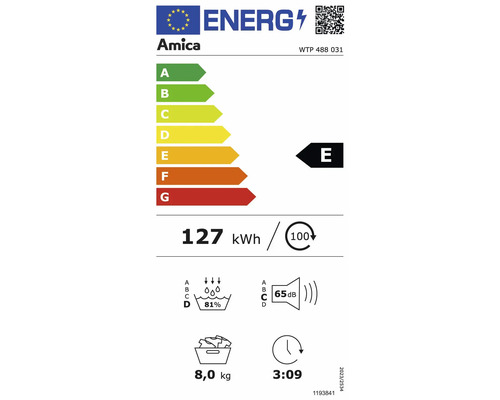 Amica Energielabel mit Informationen zu Energieverbrauch, Waschleistung, Geräuschentwicklung und Kapazität