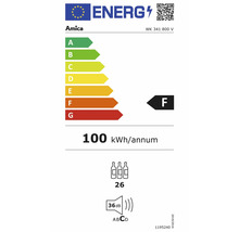Étiquette énergie Amica avec classe d'efficacité énergétique F, consommation annuelle d'énergie de 100 kilowattheures, capacité de 26 bouteilles et niveau sonore de 36 décibels