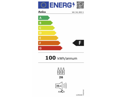 Étiquette énergie Amica avec classe d'efficacité énergétique F, consommation annuelle d'énergie de 100 kilowattheures, capacité de 26 bouteilles et niveau sonore de 36 décibels