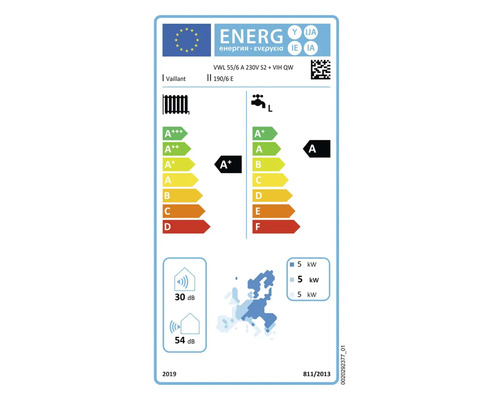 Étiquette énergétique Vaillant pour produit de chauffage avec classe d'efficacité énergétique A Plus