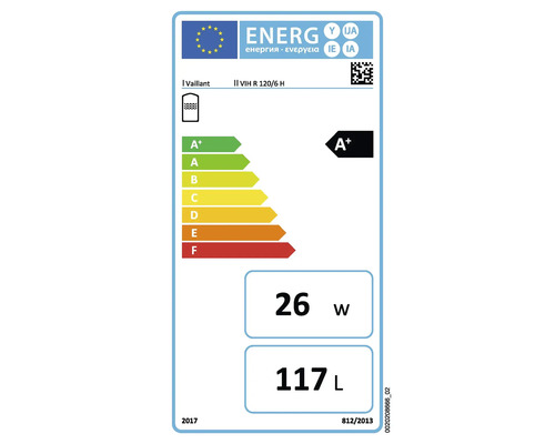 Étiquette énergétique Vaillant VIH R 120/6 H, classe d'efficacité énergétique A+, volume de 117 litres