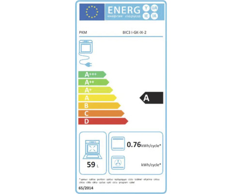 PKM BIC3 I-GK-IX-2 Energieetikett mit Energieeffizienzklasse A, einem Verbrauch von 0.76 kWh pro Zyklus und einem Volumen von 59 Litern