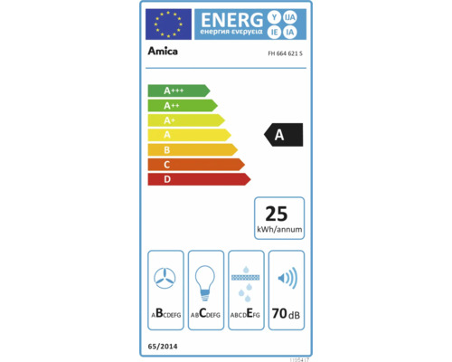 Amica Energieetikett mit der Energieeffizienzklasse A, einem jährlichen Energieverbrauch von 25 Kilowattstunden und einer Geräuschentwicklung von 70 Dezibel