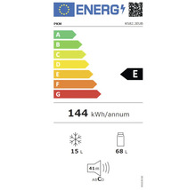 PKM Energieetikett mit Energieeffizienzklasse E, einem jährlichen Energieverbrauch von 144 Kilowattstunden, einem Gefrierfachvolumen von 15 Litern, einem Kühlfachvolumen von 68 Litern und einer Geräuschemission von 41 Dezibel