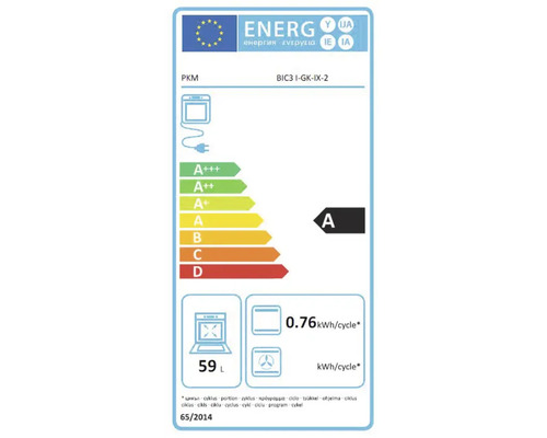 Étiquette énergétique pour un four PKM avec la classe d'efficacité énergétique A, une consommation d'énergie de 0,76 kilowattheure par cycle et un volume de 59 litres.