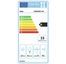 Étiquette énergétique PKM UBH6002-AH avec classe d'efficacité énergétique A, consommation annuelle d'énergie de 15 kilowattheures et niveau sonore de 63 décibels