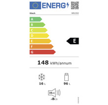 Energielabel für Htech WR2202 mit Energieeffizienzklasse E, einem jährlichen Energieverbrauch von 148 Kilowattstunden, einem Gefrierfachvolumen von 16 Litern und einem Kühlfachvolumen von 96 Litern sowie einem Geräuschpegel von 35 Dezibel.