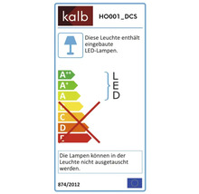 Étiquette énergie pour luminaires à LED intégrées, classes d'efficacité énergétique A plus plus à A, lampes non remplaçables. Kalb Logo.
