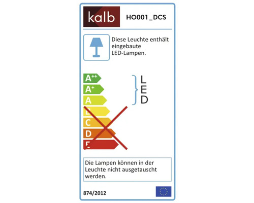 Étiquette énergie pour luminaires à LED intégrées, classes d'efficacité énergétique A plus plus à A, lampes non remplaçables. Kalb Logo.
