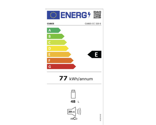 Étiquette énergétique pour Cubes CC 320 E avec classe d'efficacité énergétique E, consommation d'énergie annuelle de 77 kilowattheures, capacité de 48 litres et niveau sonore de 39 décibels.