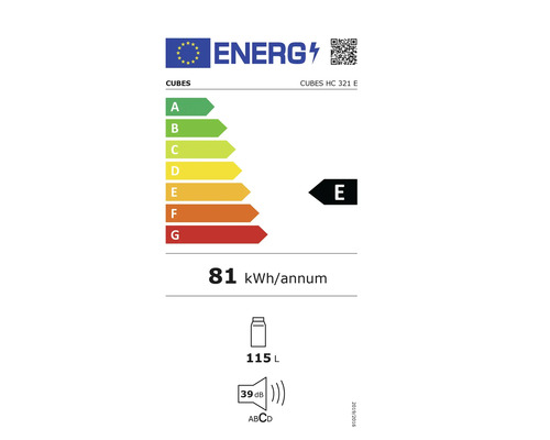 Étiquette énergétique CUBES HC 321 E avec une consommation énergétique annuelle de 81 kilowattheures, une capacité de 115 litres et une émission sonore de 39 décibels