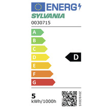 Étiquette énergétique européenne pour Sylvania 0030715, classe d'efficacité énergétique D, consommation d'énergie 5 kilowattheures pour 1000 heures.