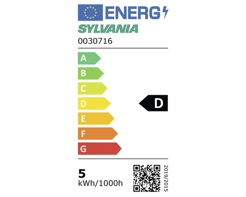 Étiquette énergétique pour Sylvania 0030716, classe d'efficacité énergétique D sur une échelle de A à G, consommation 5 kilowattheures pour 1000 heures.
