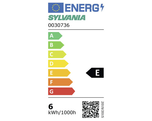 EU Energielabel der Klasse E für ein Sylvania Leuchtmittel mit einem Energieverbrauch von 6 Kilowattstunden pro tausend Stunden.